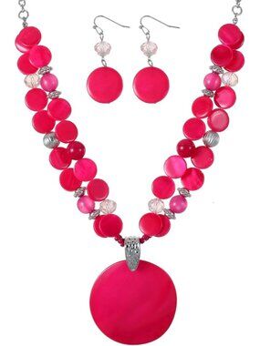 Women's Hot pink Layered Bead Statement Chunky Jewelry Set  Necklace And Earring